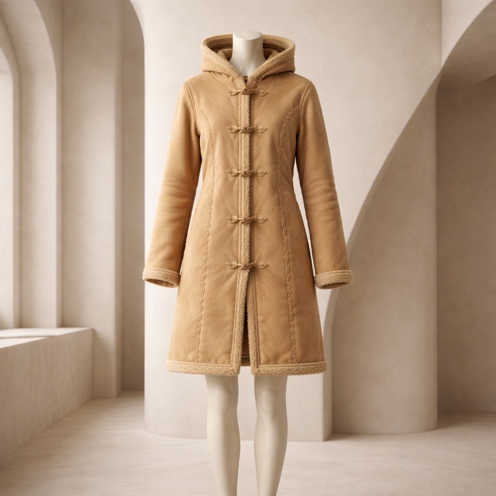 L.L. Bean Faux Suede Sherpa Lined Toggle Buttons Hooded Woman’s Coat Size M